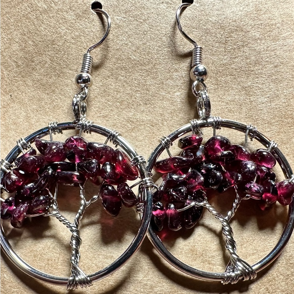 Garnet Chip Tree Of Life Earrings. Stainless steel fish hook ear wires.
